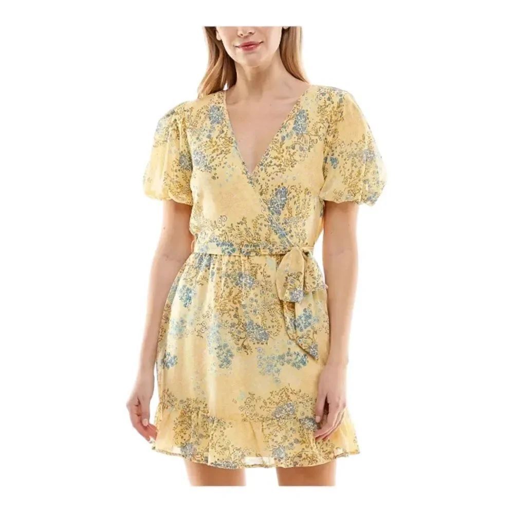 Speechless Juniors Yellow & Blue Floral-Print Puff-Sleeve Dress Large NWT